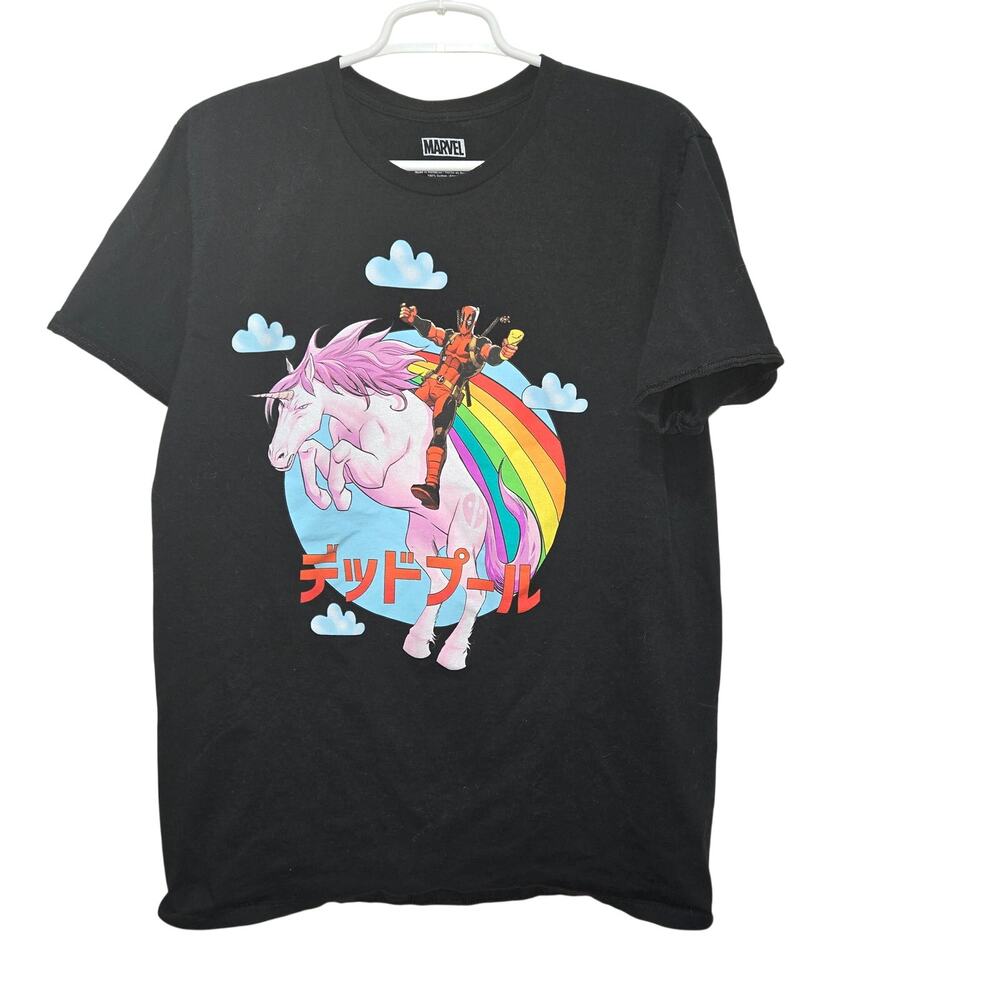 Marvel Deadpool Unicorn Graphic Tee Large Black Japanese Print Shirt